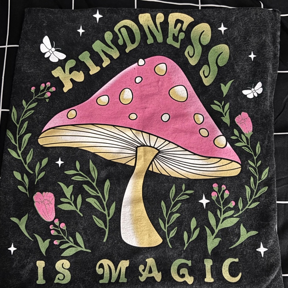 Miken Black Tee with Pink and Gold Mushroom Design
